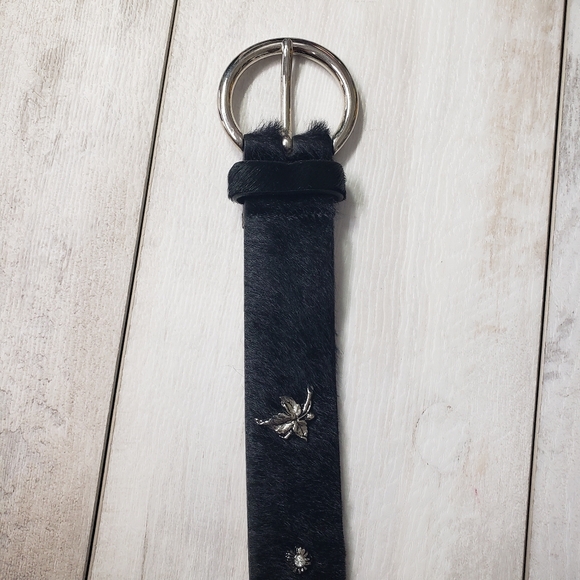 Berge Black Pony Hair Calf Hair Belt Silver Botanical Details Buckle Boho Edgy - Picture 6 of 15